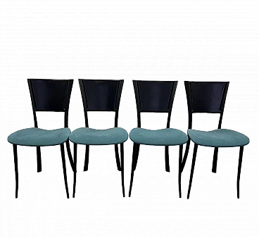 4 Chairs in black metal, black leather and aqua green fabric