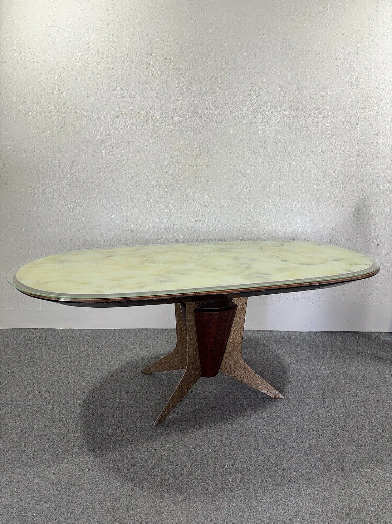 Wood, enameled metal and marbled glass table 1