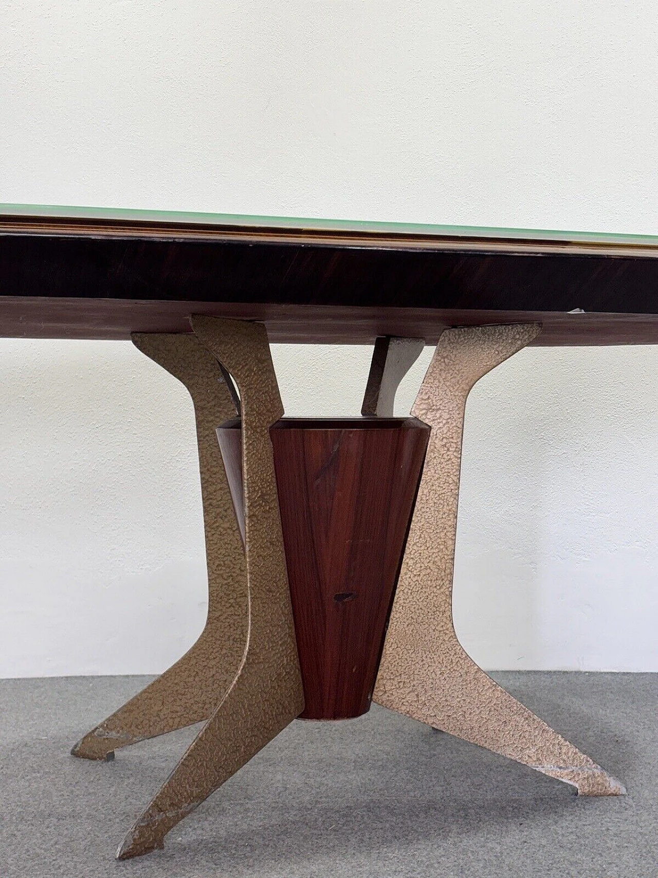 Wood, enameled metal and marbled glass table 6