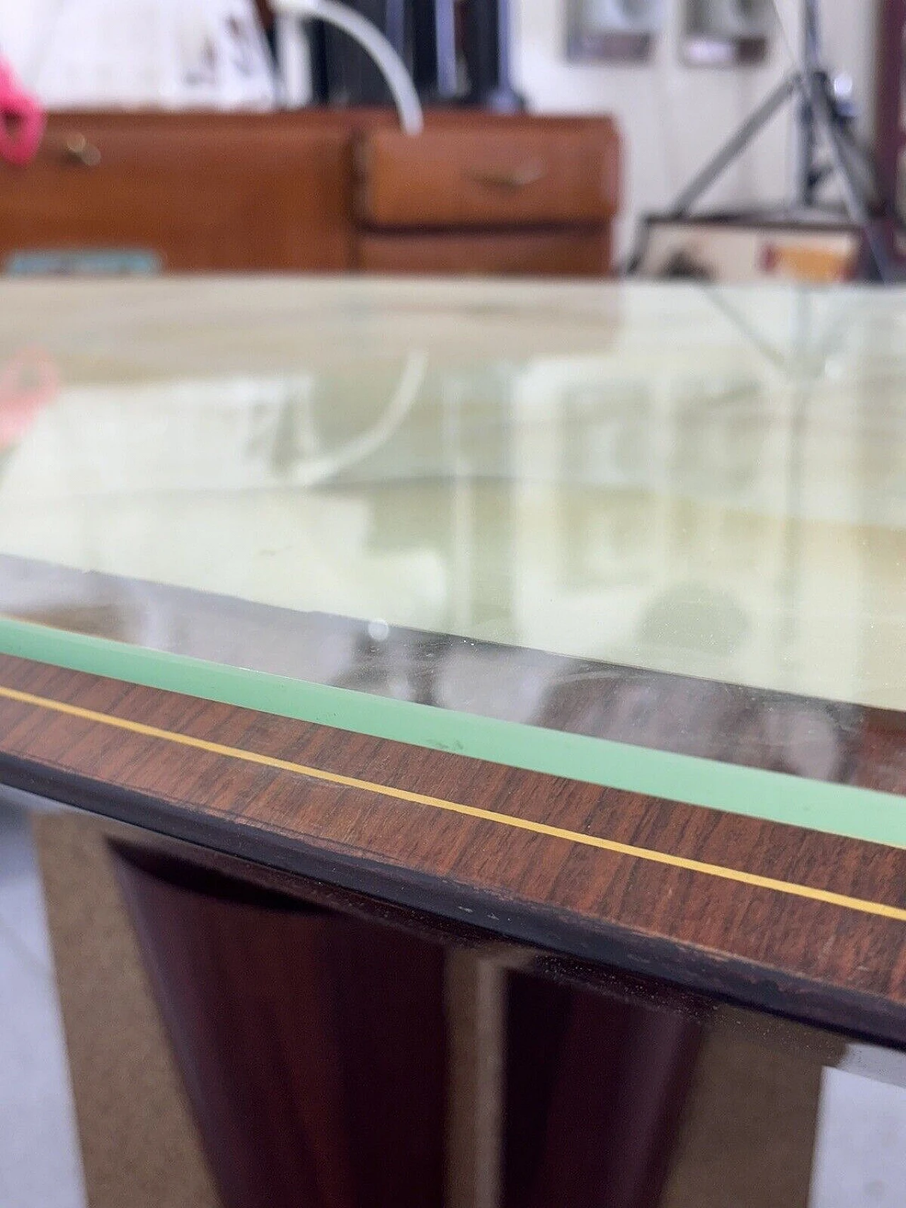 Wood, enameled metal and marbled glass table 11