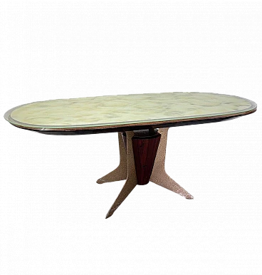 Tavolo in legno, metallo smaltato e vetro marmorizzato