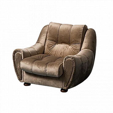 Wood and beige velvet armchair, 1950s