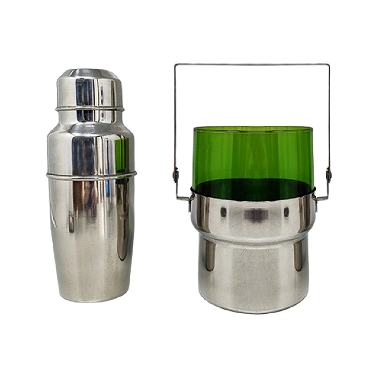 Steel & glass cocktail shaker and ice bucket by Pran, 1970s 1