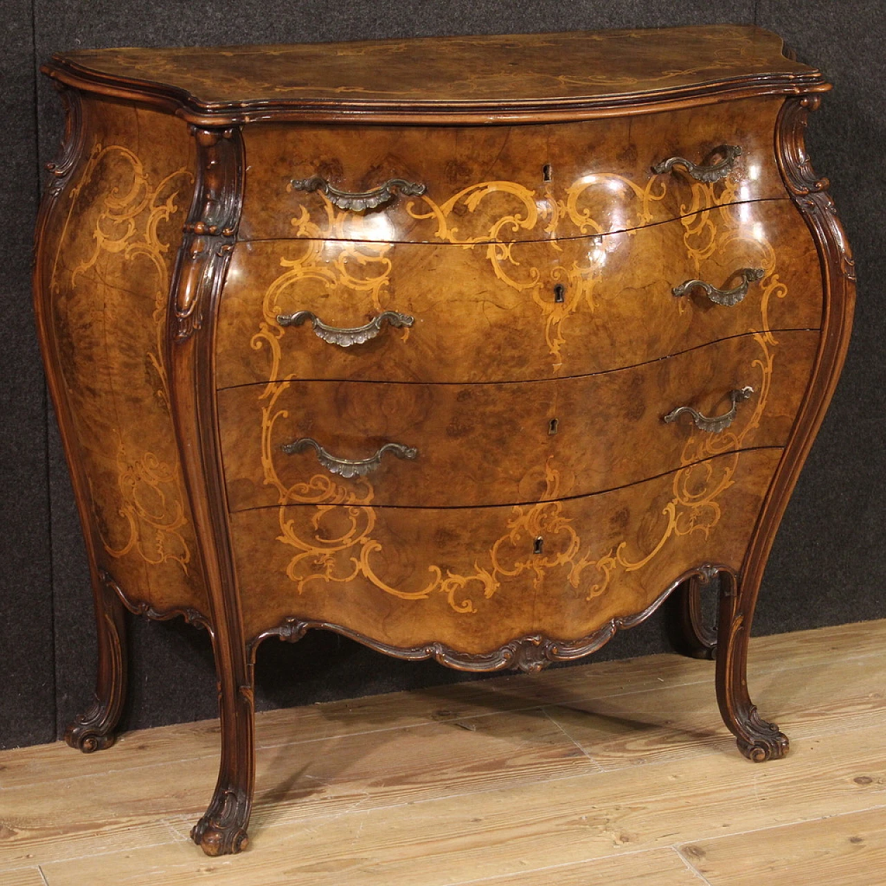 Walnut and briarwood inlaid dresser with four drawers 1