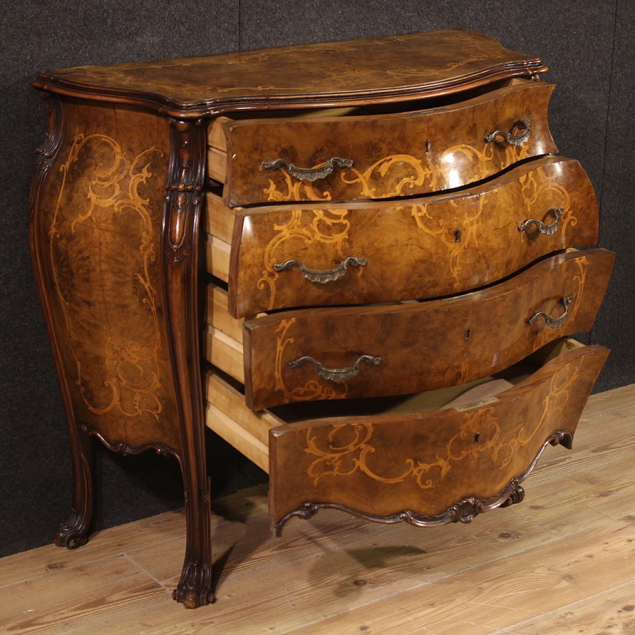Walnut and briarwood inlaid dresser with four drawers 2