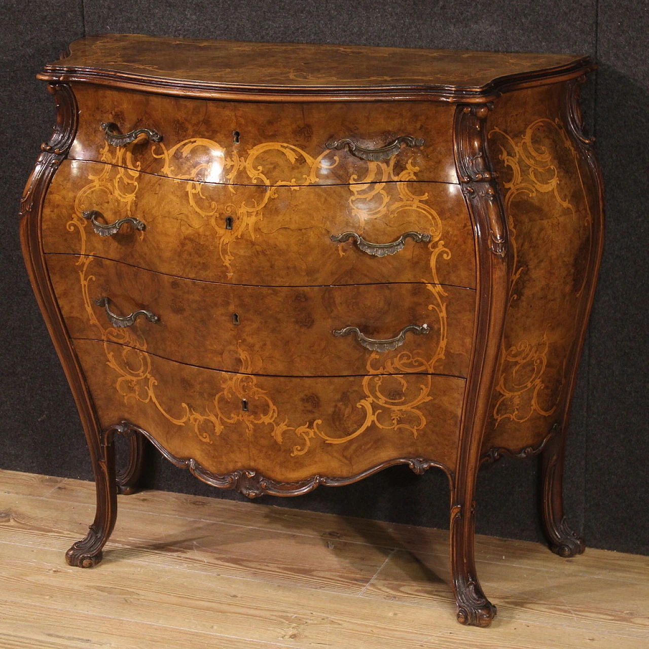 Walnut and briarwood inlaid dresser with four drawers 5