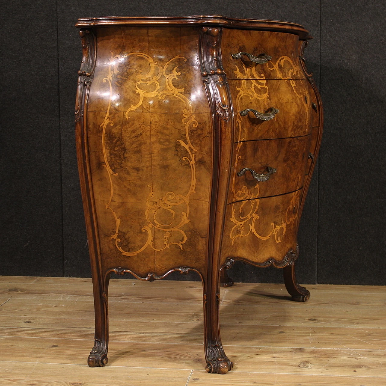 Walnut and briarwood inlaid dresser with four drawers 6