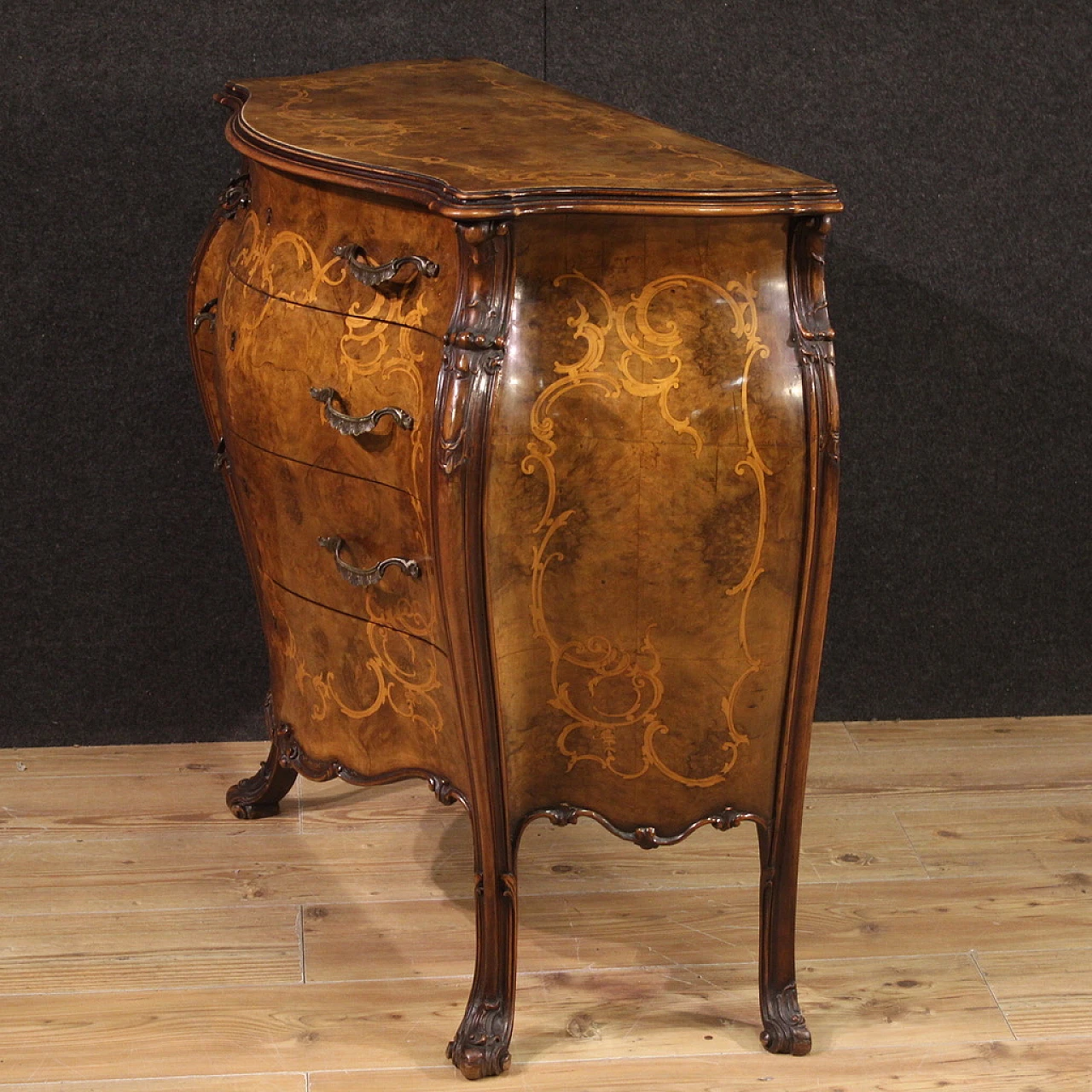 Walnut and briarwood inlaid dresser with four drawers 9