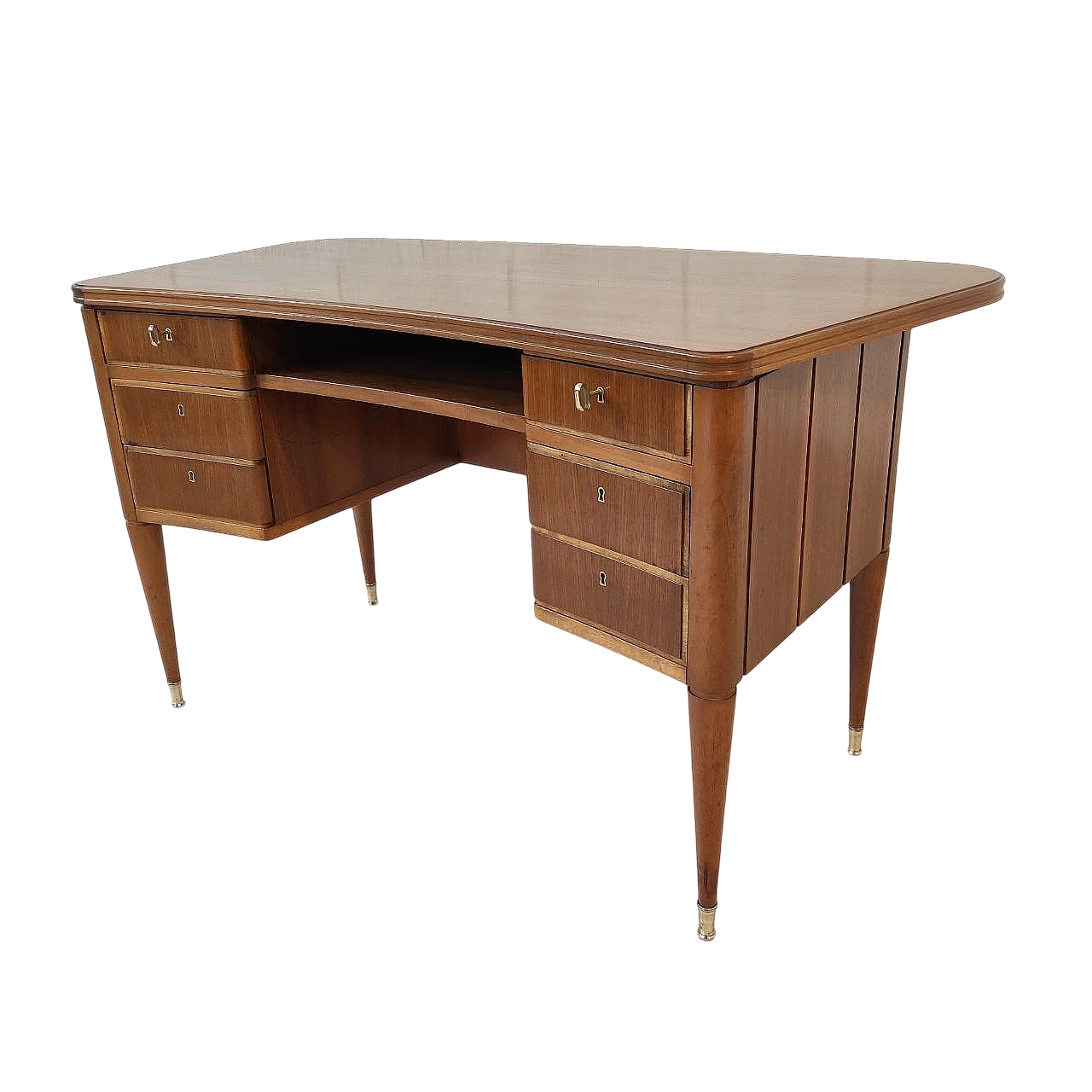 Curved walnut desk with six drawers, 1950s 12