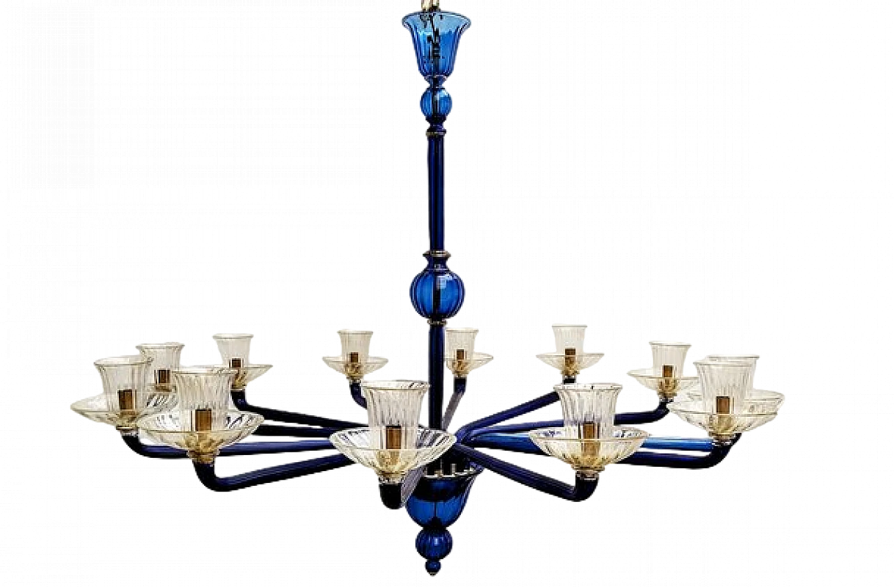 Lampadario a 12 luci in vetro di Murano blu di Venini, 1985 11