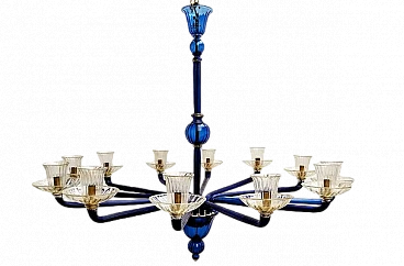 Chandelier with 12 lights in blue murano glass from Venini, 1985