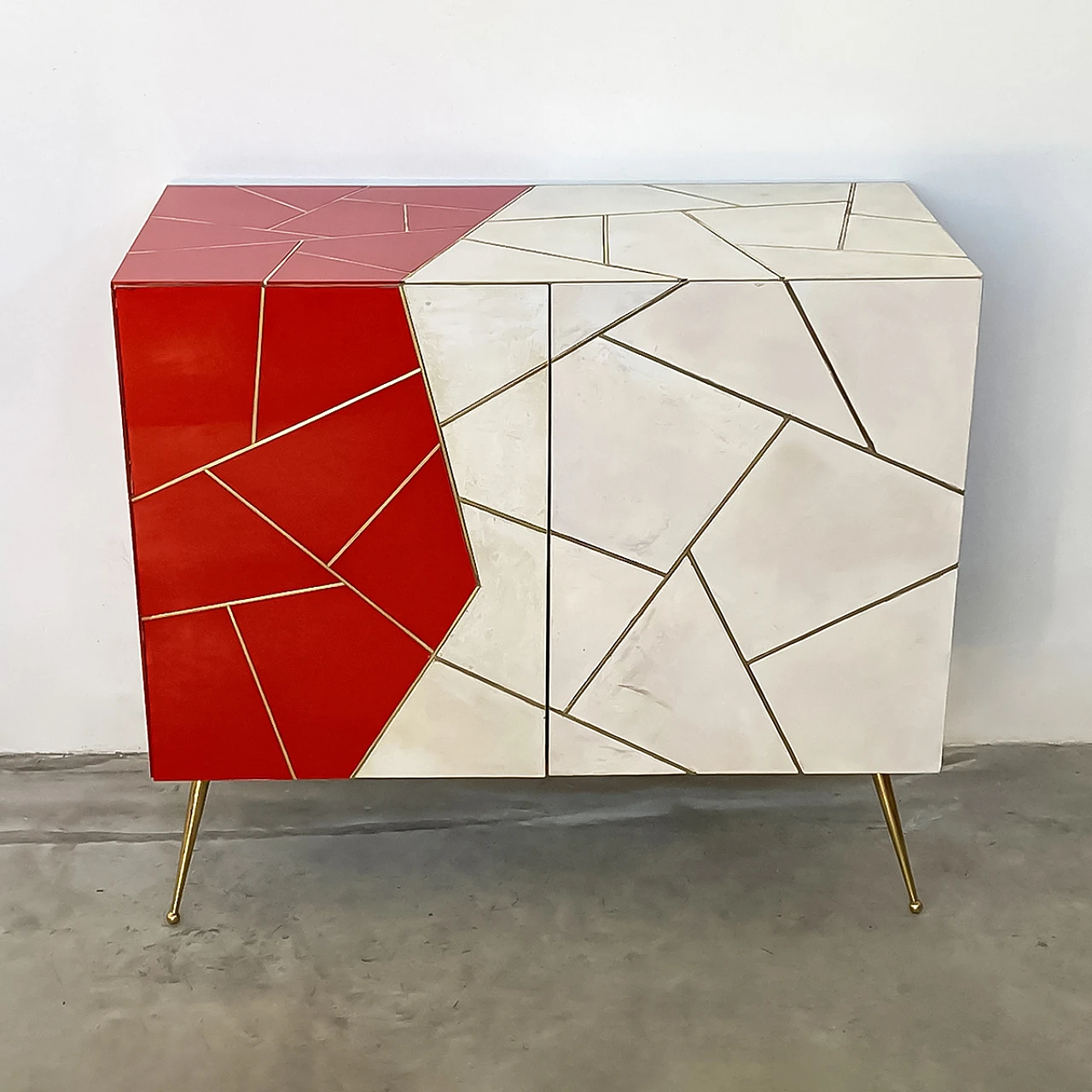 Two-door sideboard in red Murano glass and parchment, 1990s 2