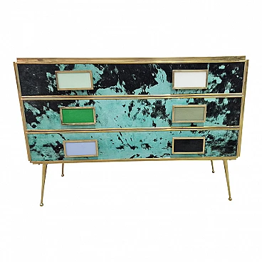 Three-drawer dresser in green glass and cowhide, 1990s