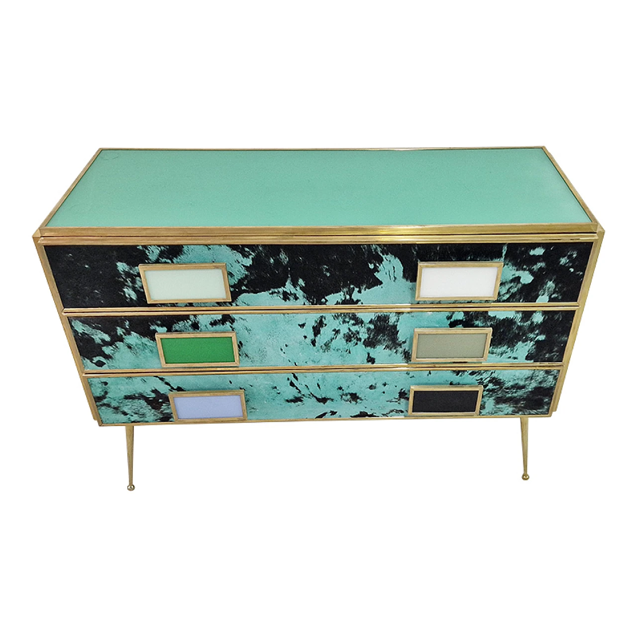 Three-drawer dresser in green glass and cowhide, 1990s 2