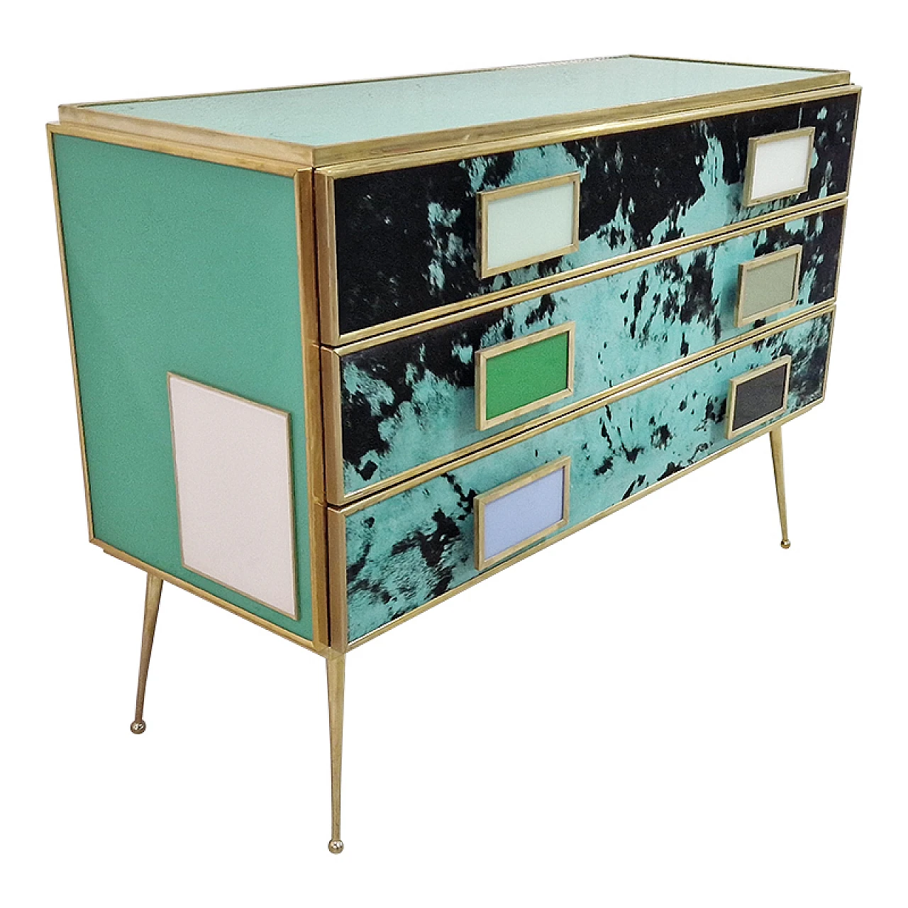 Three-drawer dresser in green glass and cowhide, 1990s 4