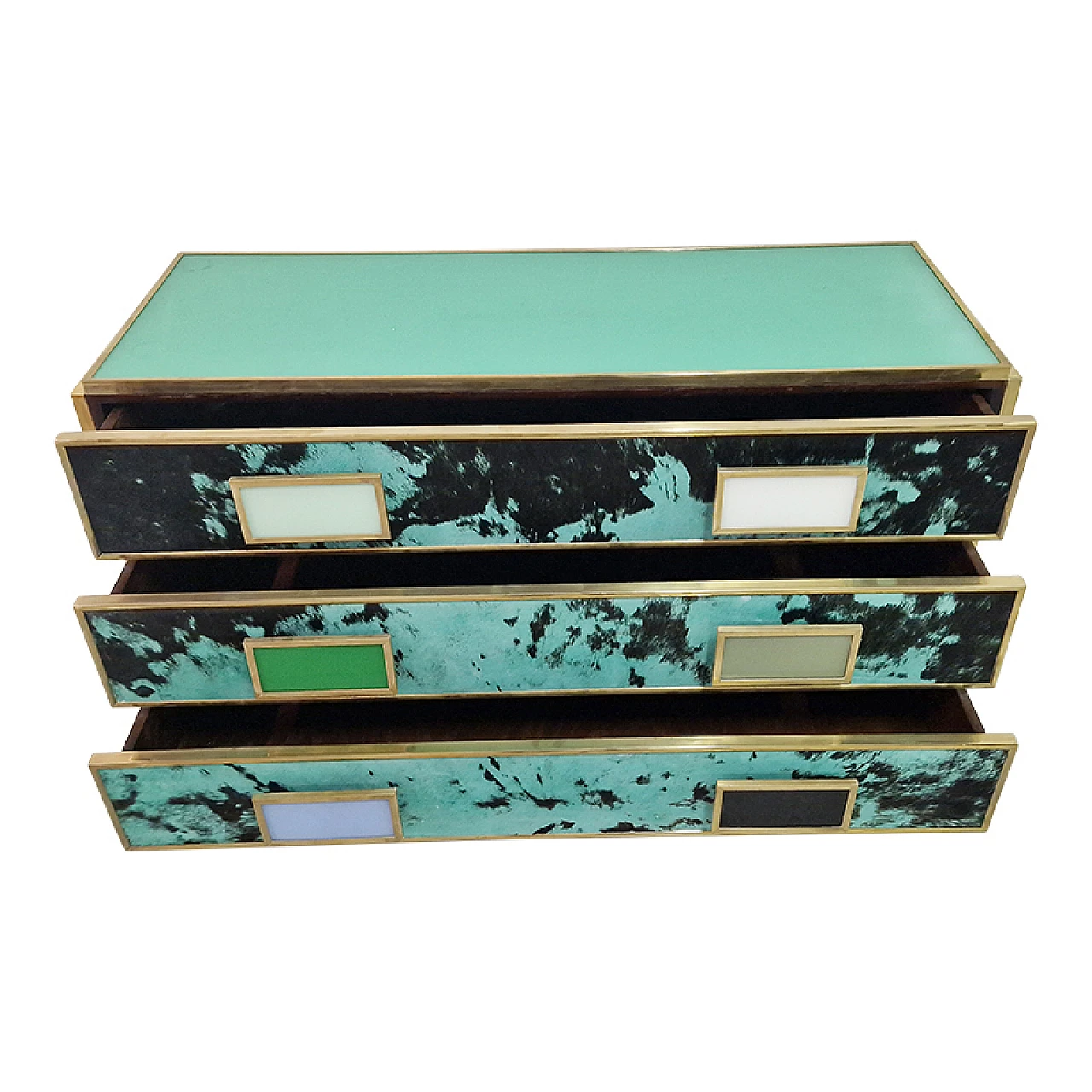 Three-drawer dresser in green glass and cowhide, 1990s 5