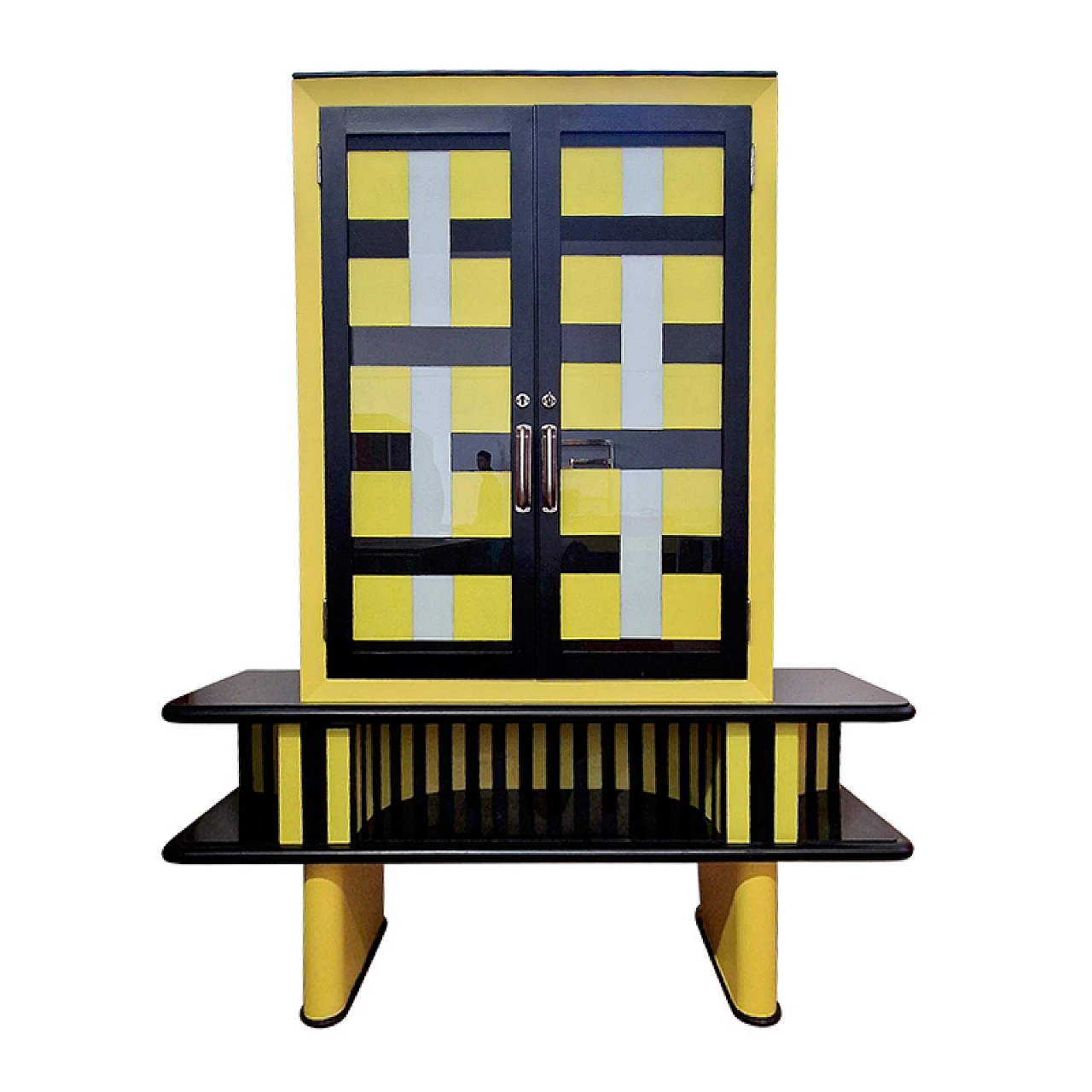 Wooden showcase cabinet covered in black & yellow glass, 1970s 1
