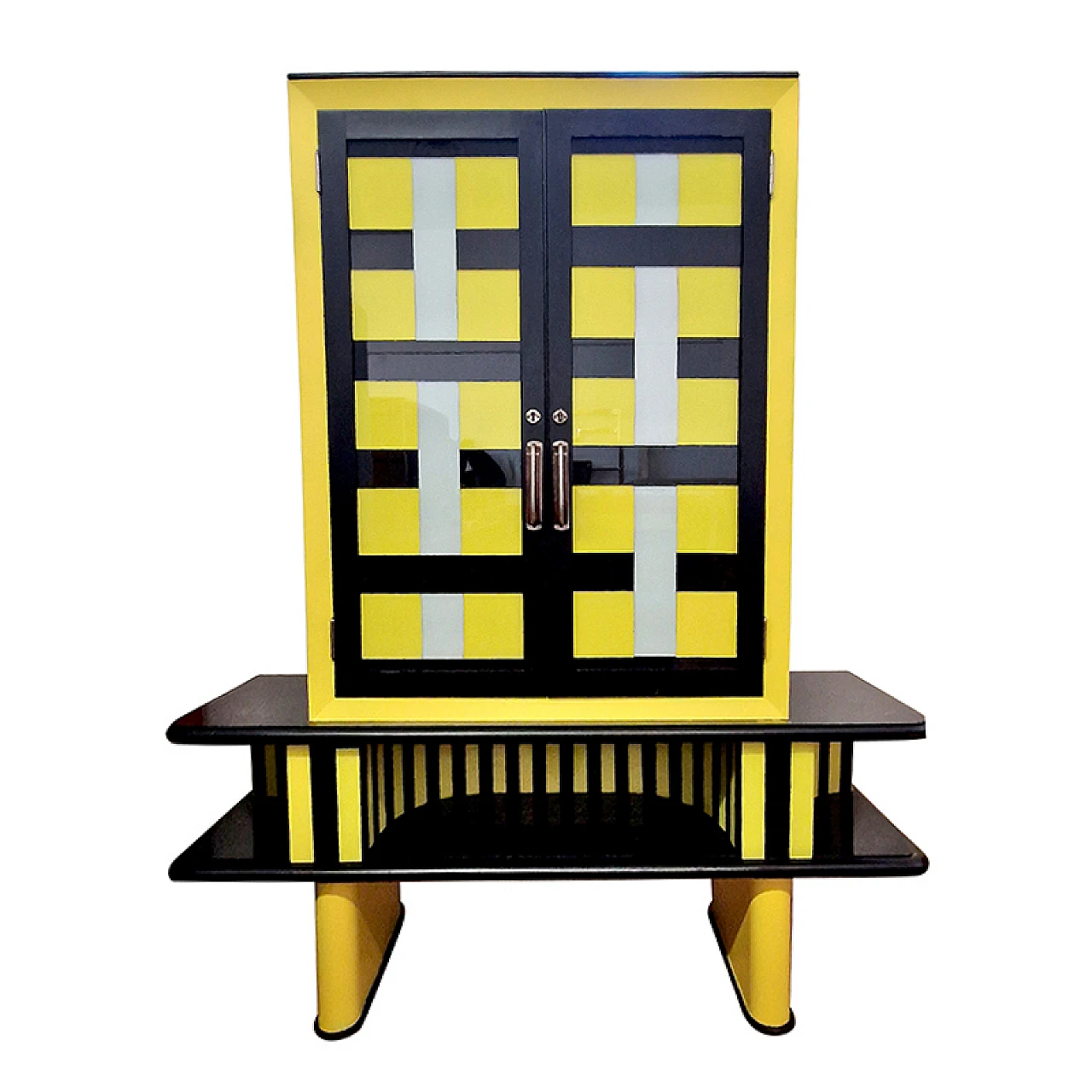 Wooden showcase cabinet covered in black & yellow glass, 1970s 2