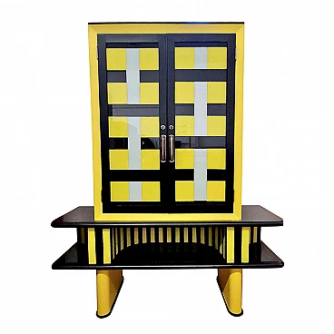 Wooden showcase cabinet covered in black & yellow glass, 1970s