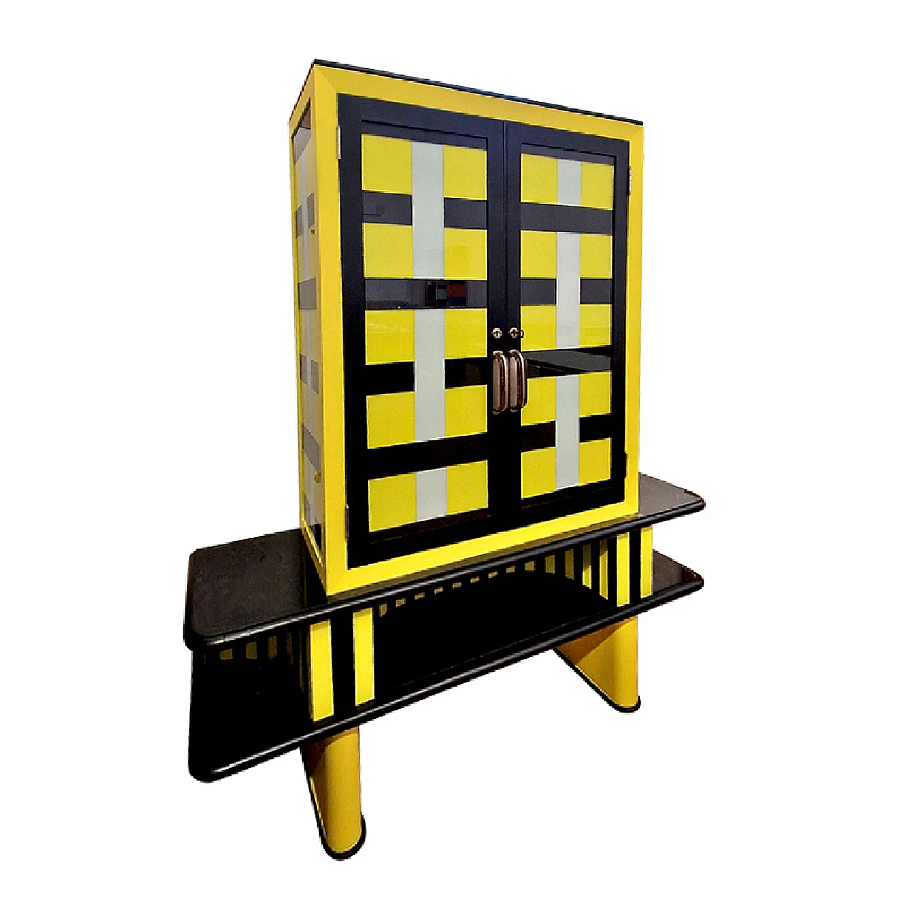 Wooden showcase cabinet covered in black & yellow glass, 1970s 4