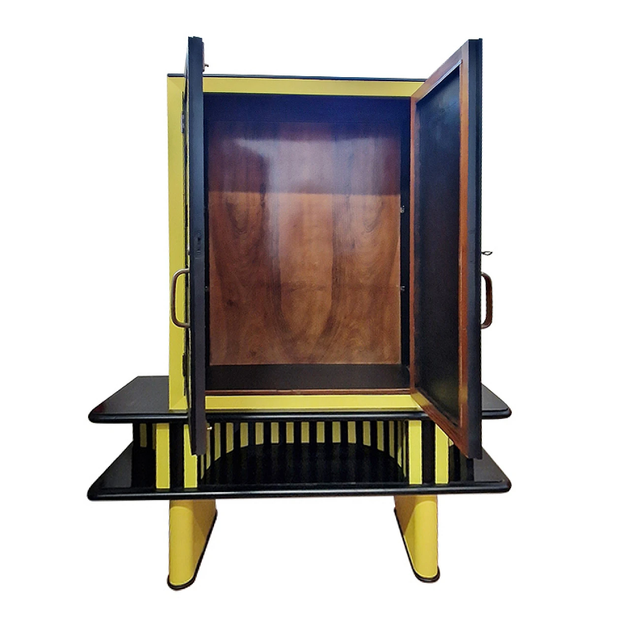 Wooden showcase cabinet covered in black & yellow glass, 1970s 5