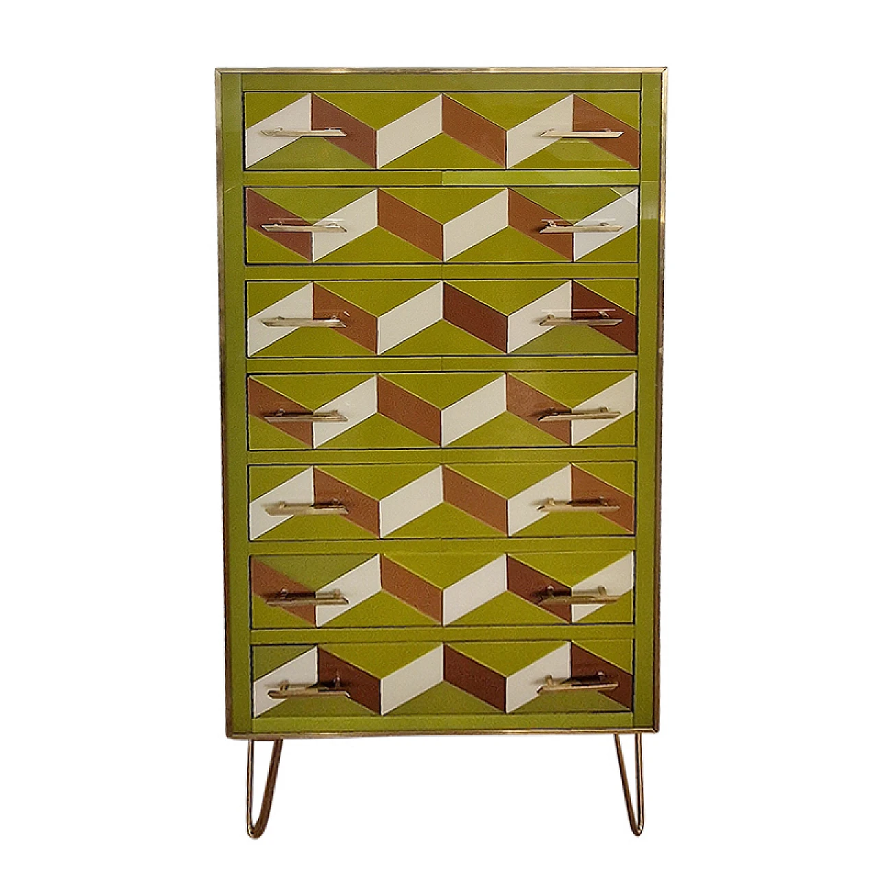 Wooden dresser covered in green glass and geometric designs, 1980s 1