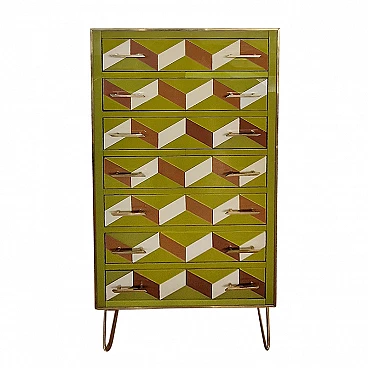 Wooden dresser covered in green glass and geometric designs, 1980s