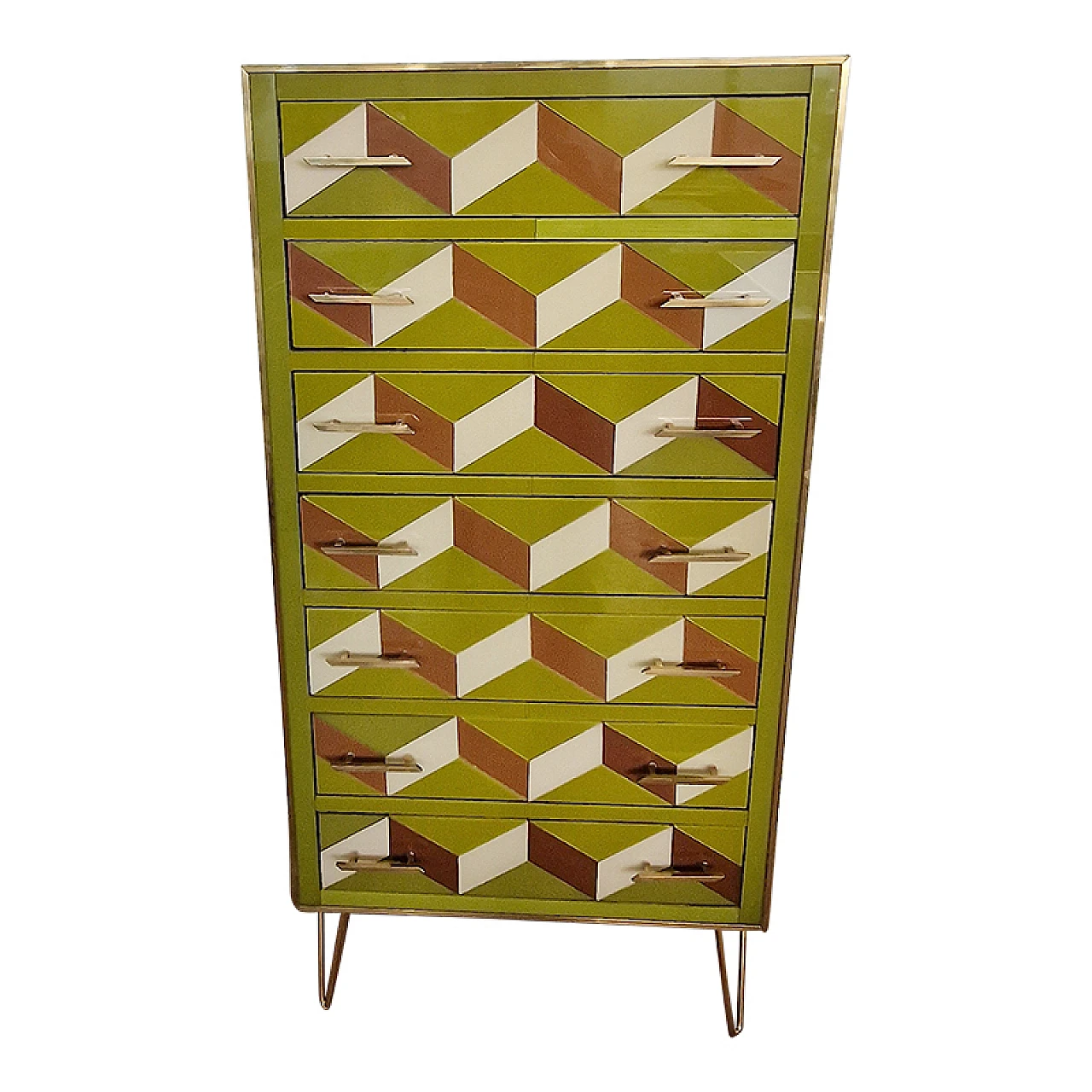 Wooden dresser covered in green glass and geometric designs, 1980s 2