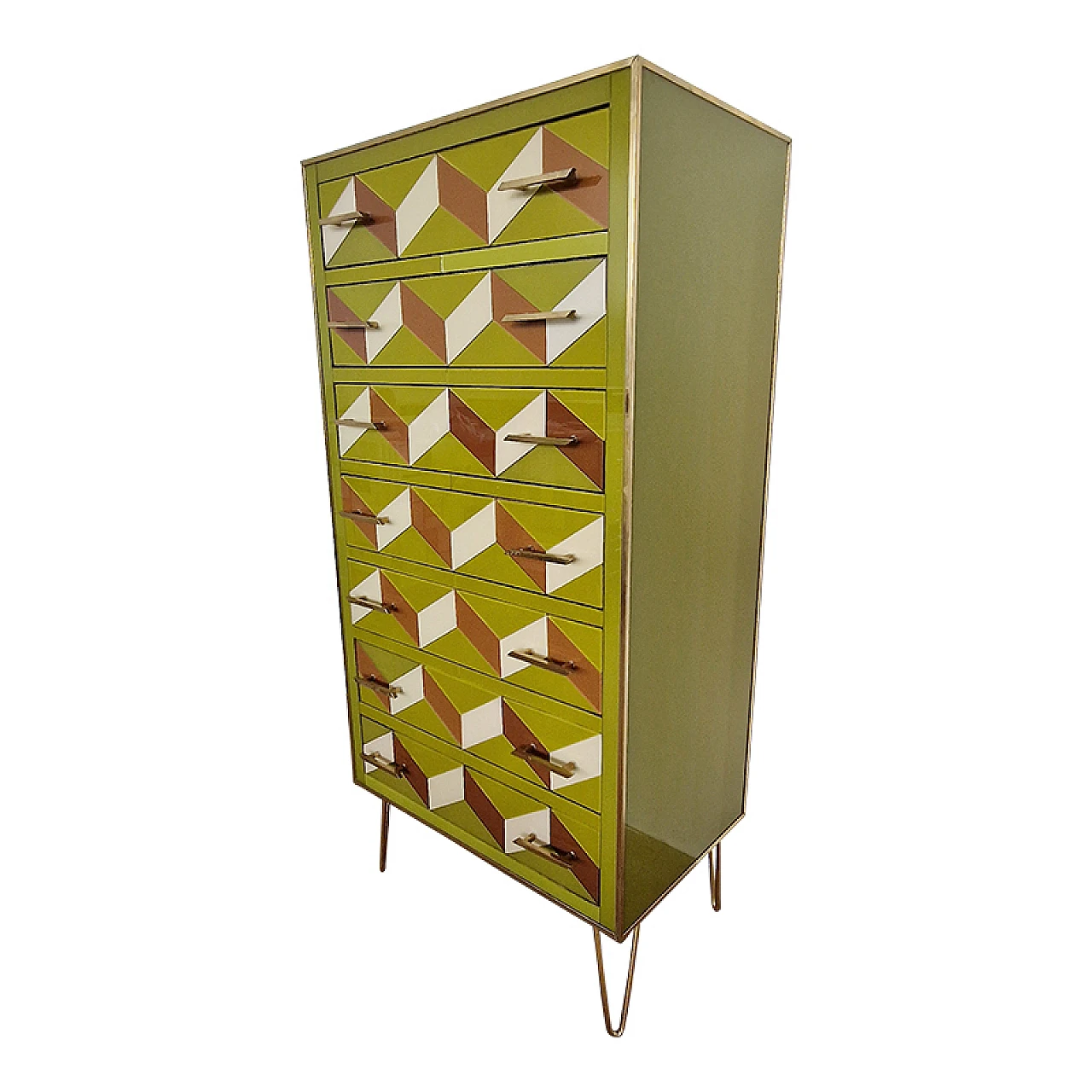 Wooden dresser covered in green glass and geometric designs, 1980s 3