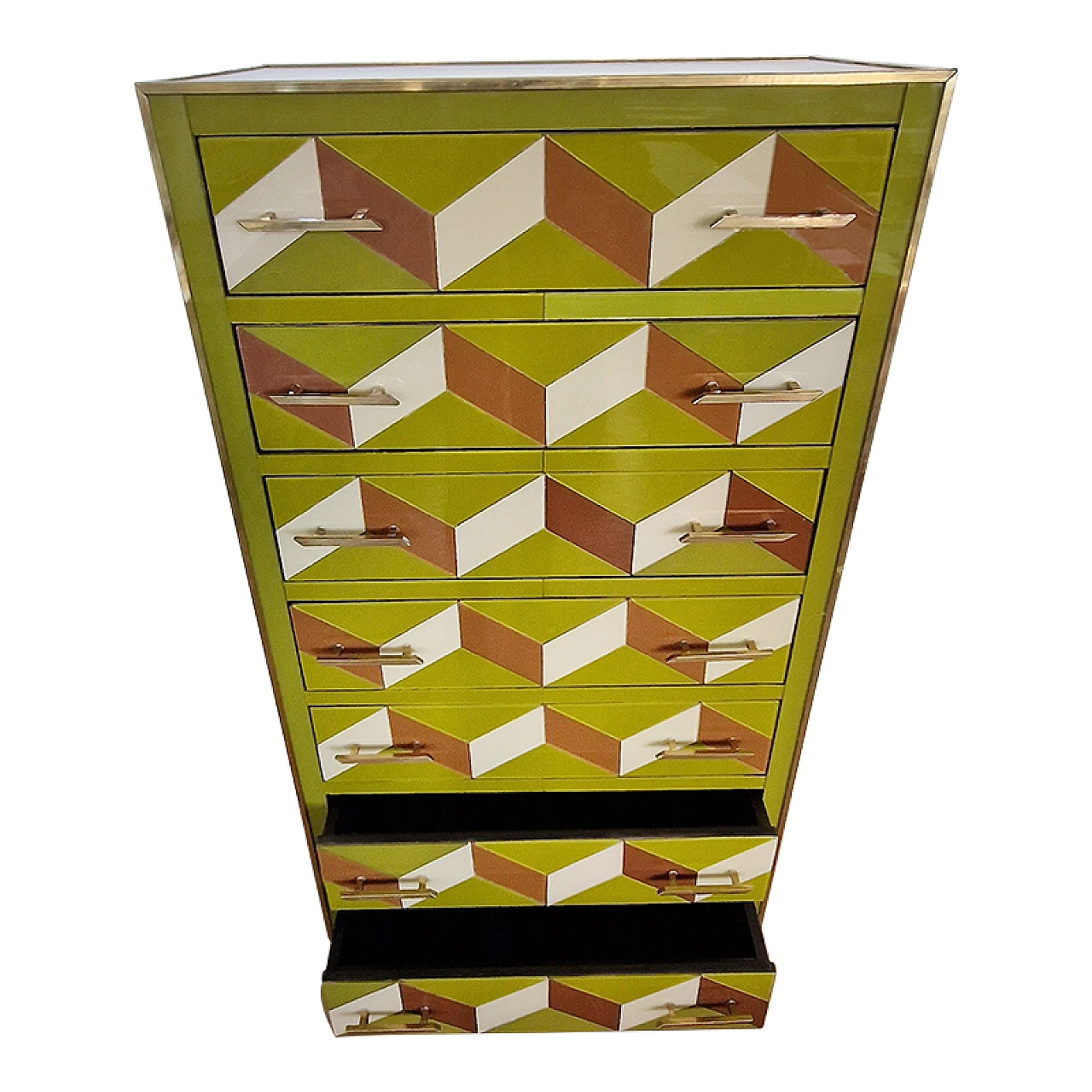 Wooden dresser covered in green glass and geometric designs, 1980s 4