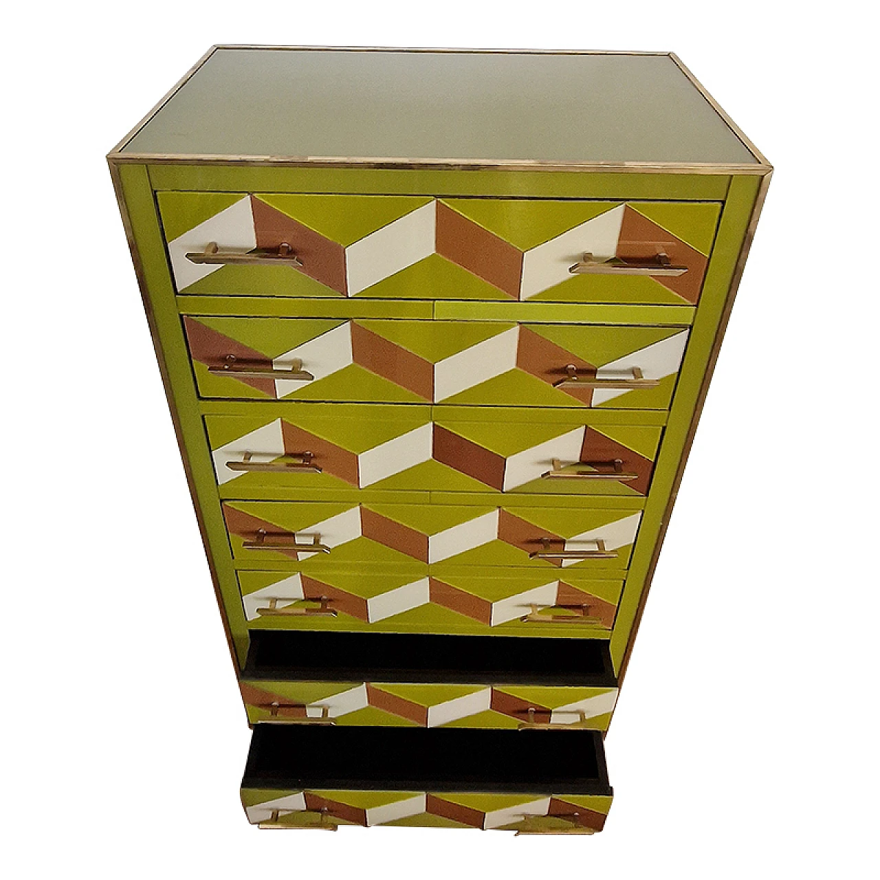 Wooden dresser covered in green glass and geometric designs, 1980s 5