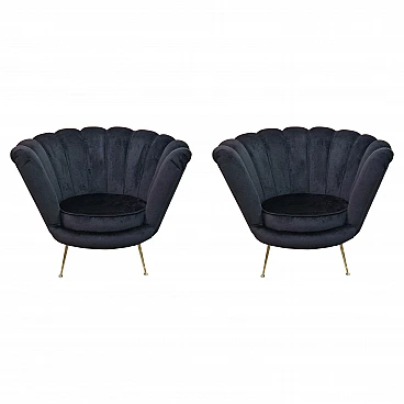 Pair of fan black cotton and brass armchairs, 1990s