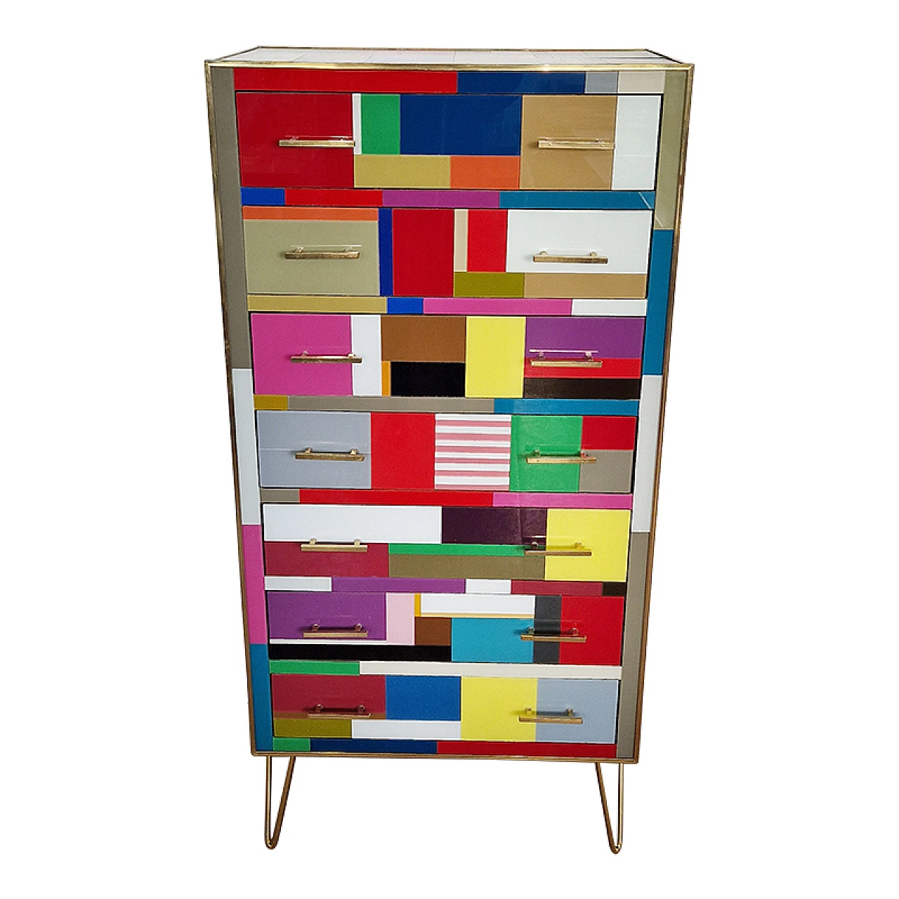 Wooden and brass dresser covered in colored glass, 1980s 1