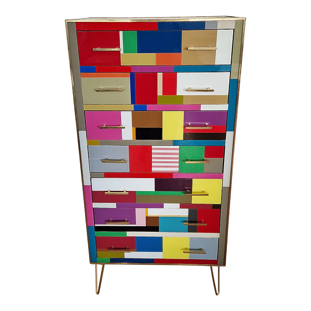 Wooden and brass dresser covered in colored glass, 1980s 2