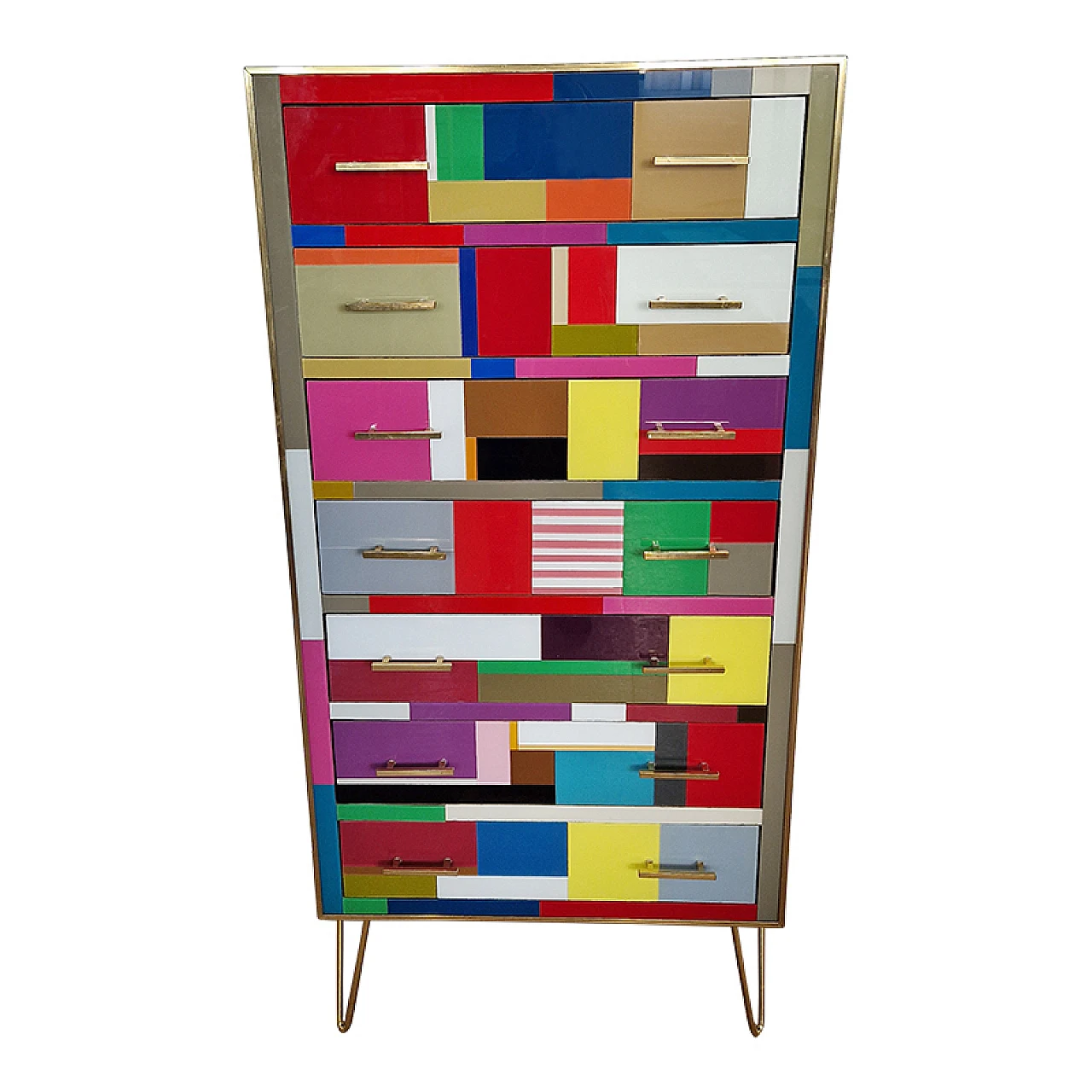 Wooden and brass dresser covered in colored glass, 1980s 3