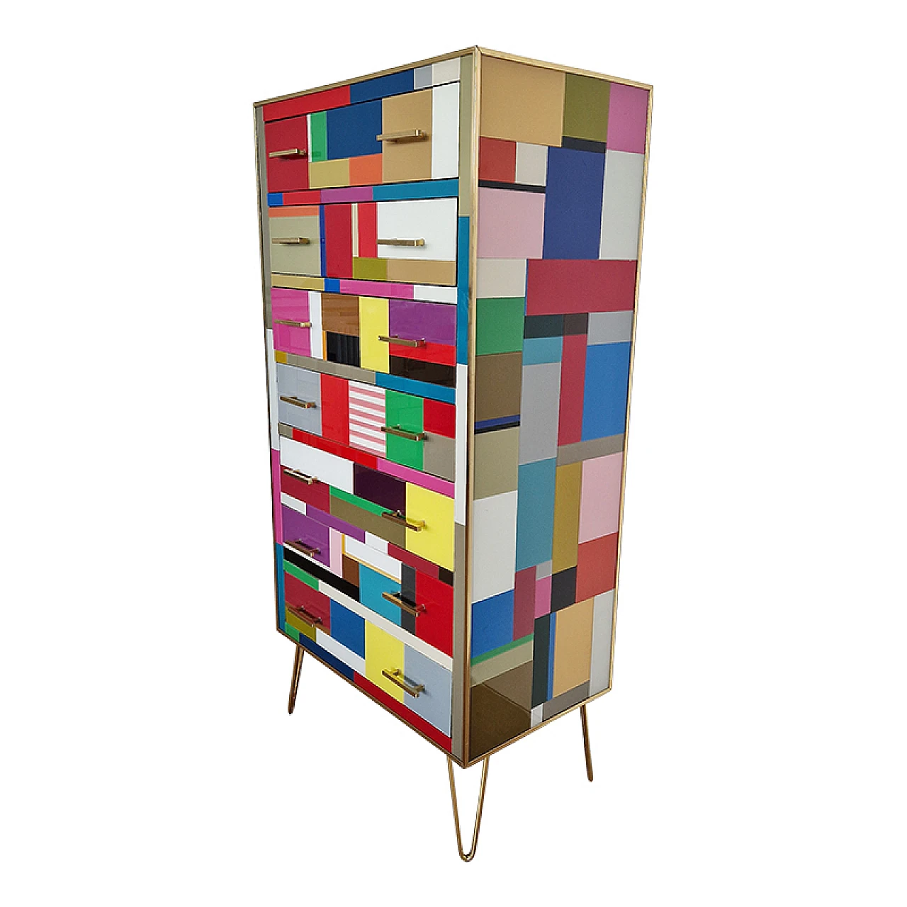 Wooden and brass dresser covered in colored glass, 1980s 4