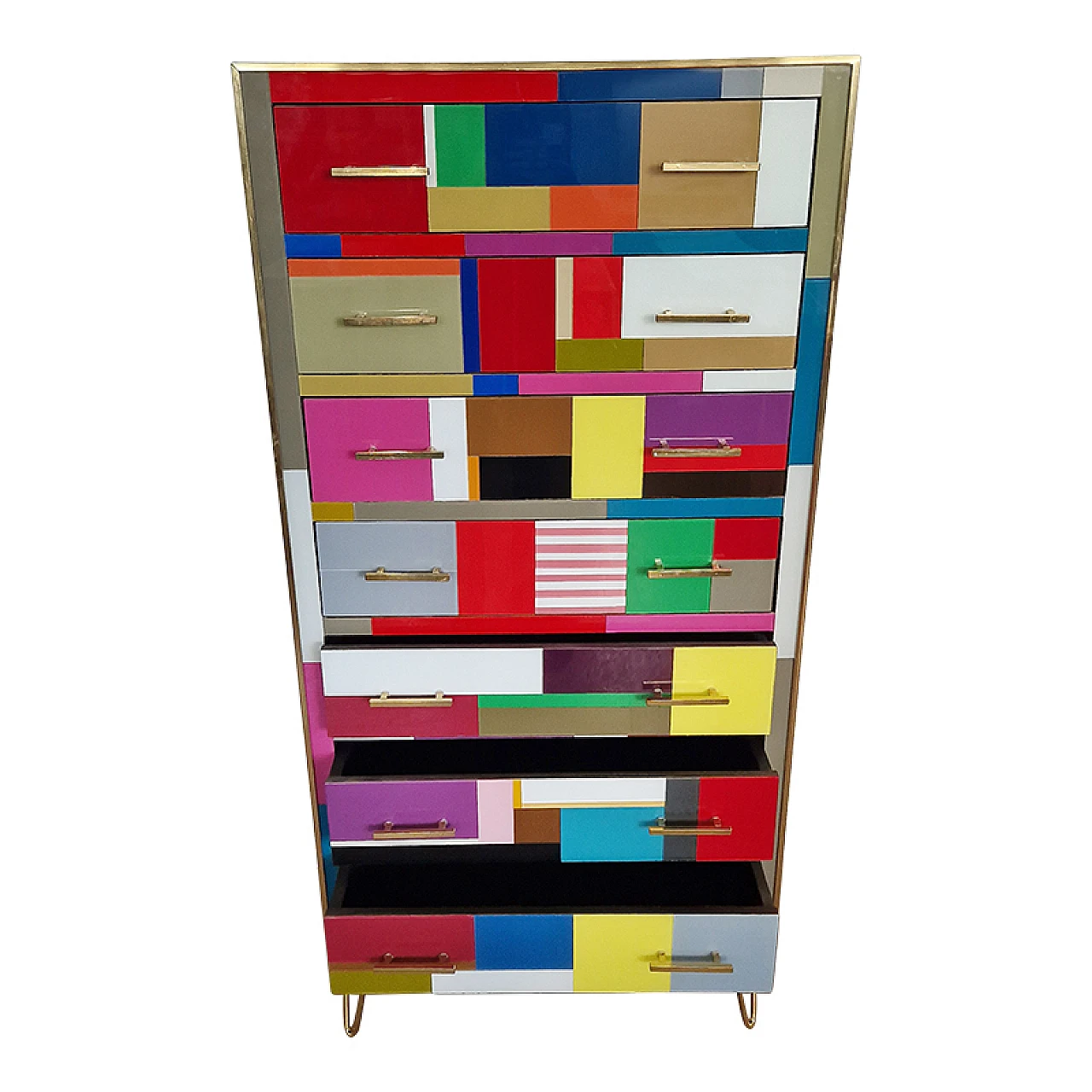 Wooden and brass dresser covered in colored glass, 1980s 5