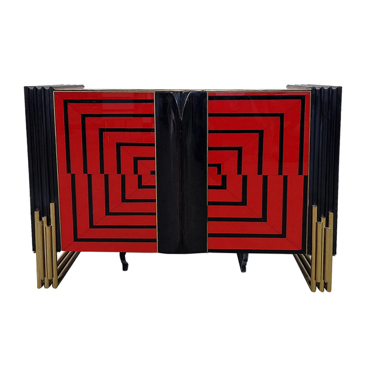 Wooden sideboard with two red & black glass doors, 1980s 1