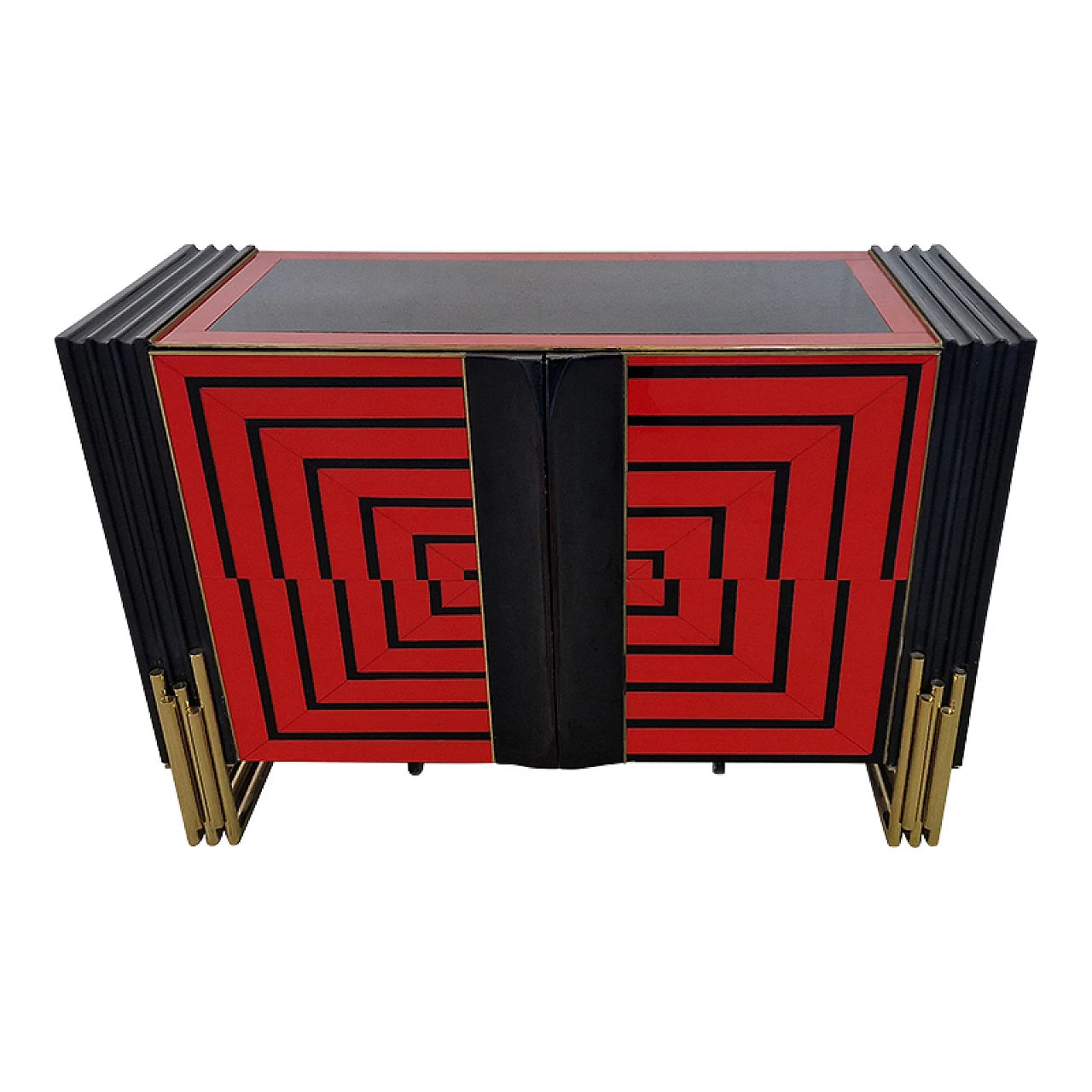 Wooden sideboard with two red & black glass doors, 1980s 2