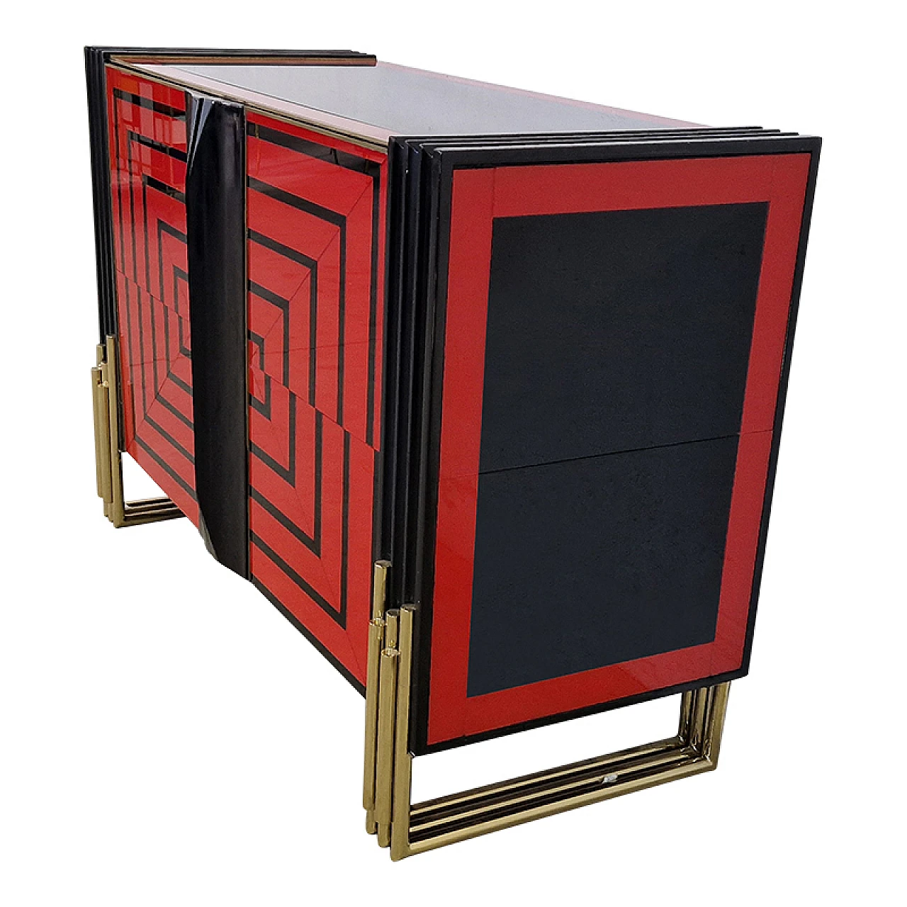Wooden sideboard with two red & black glass doors, 1980s 3