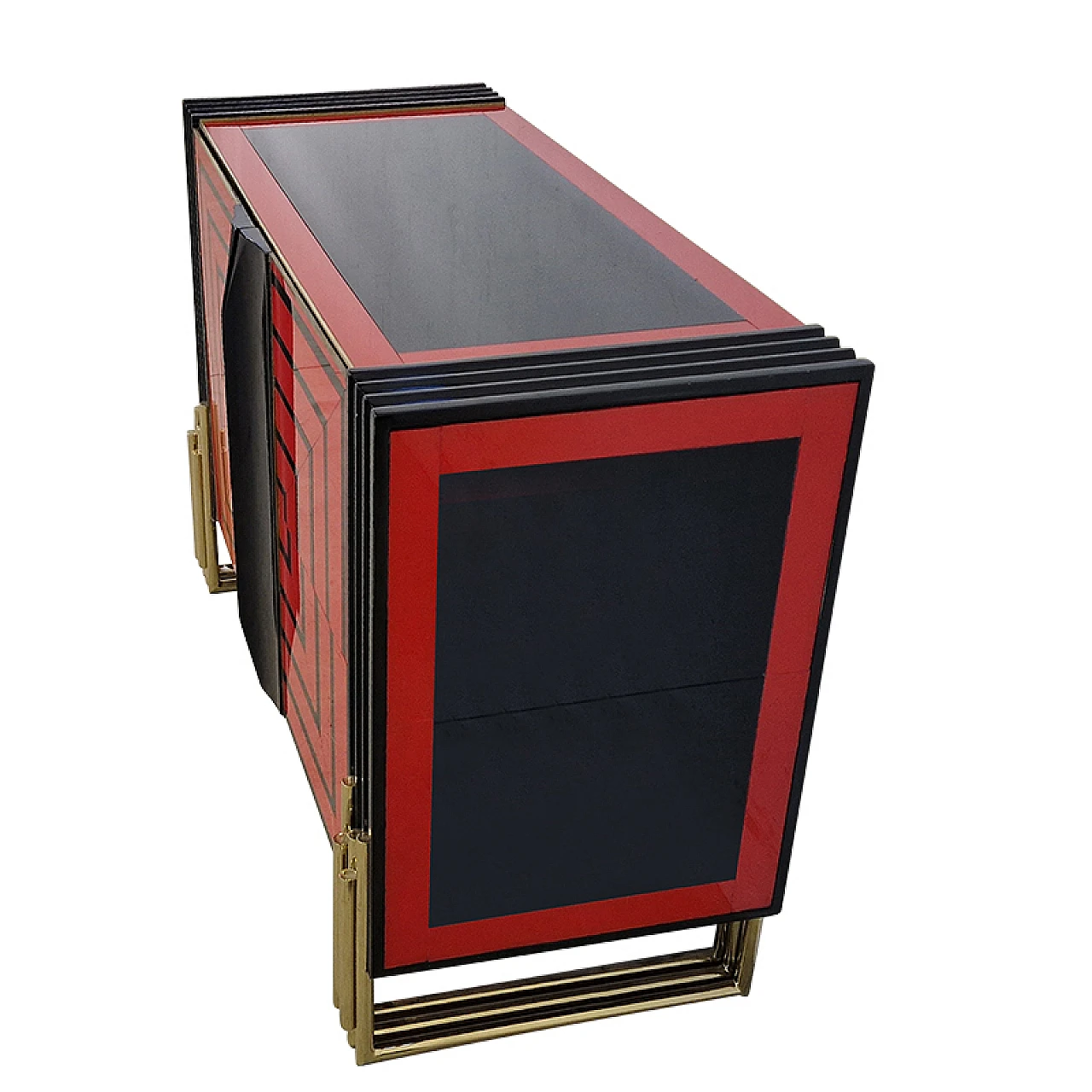 Wooden sideboard with two red & black glass doors, 1980s 4
