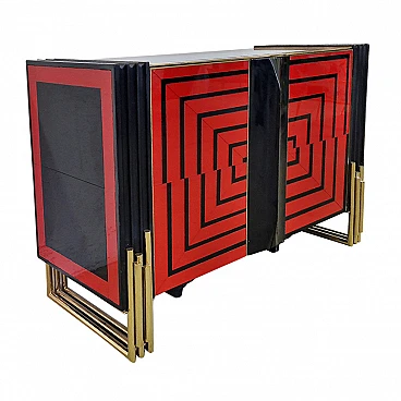 Wooden sideboard with two red & black glass doors, 1980s
