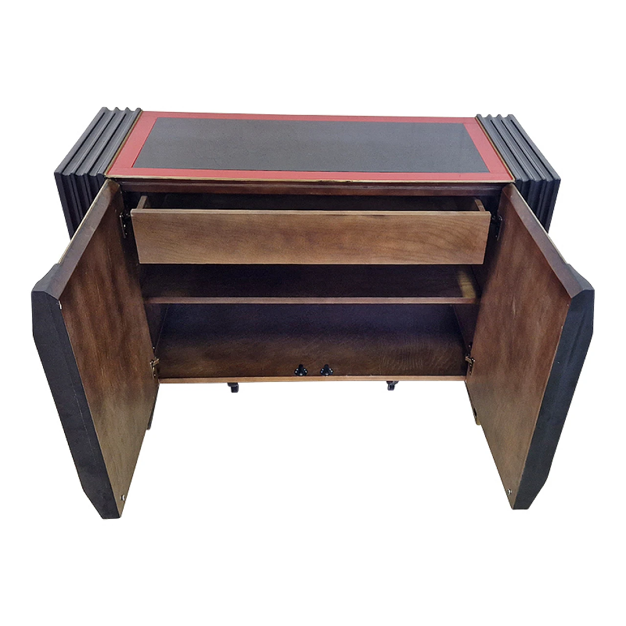 Wooden sideboard with two red & black glass doors, 1980s 7