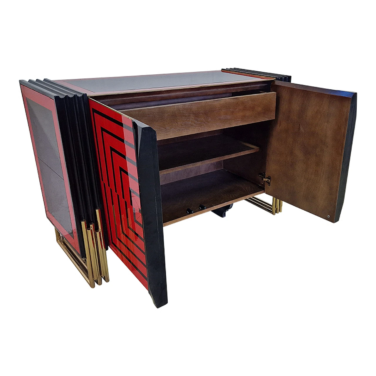 Wooden sideboard with two red & black glass doors, 1980s 9