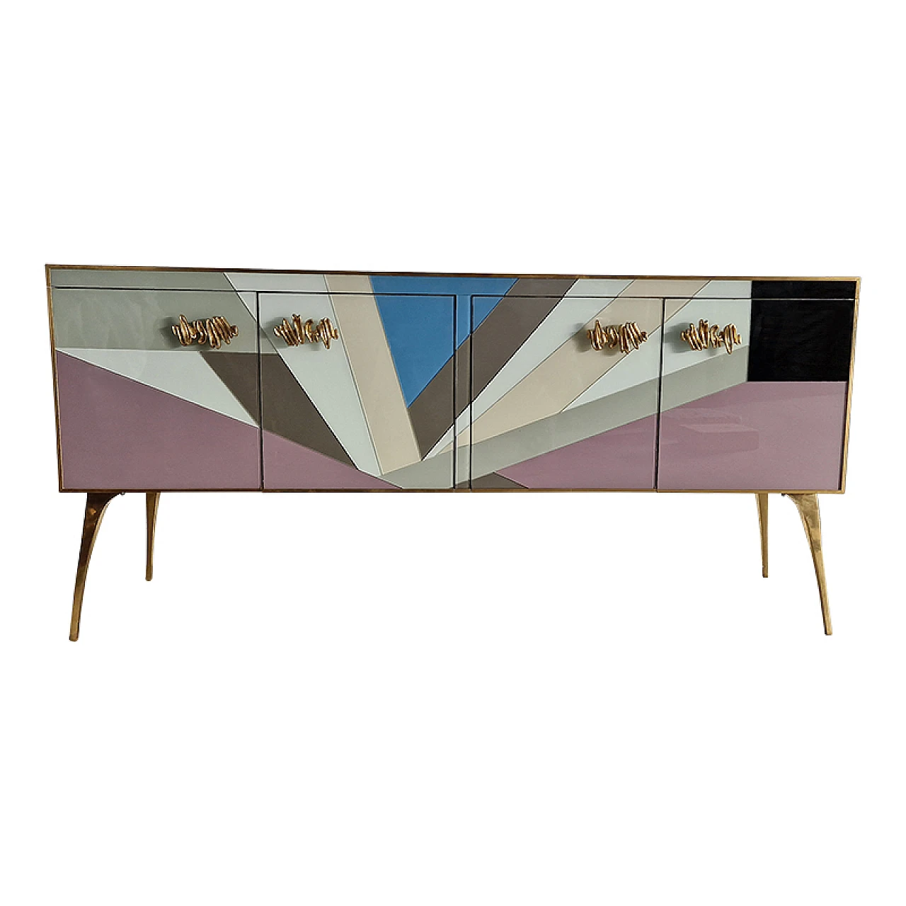 Wooden sideboard with 4 multicolored glass doors, 1990s 1