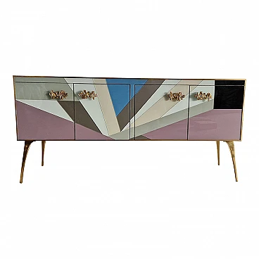 Wooden sideboard with 4 multicolored glass doors, 1990s