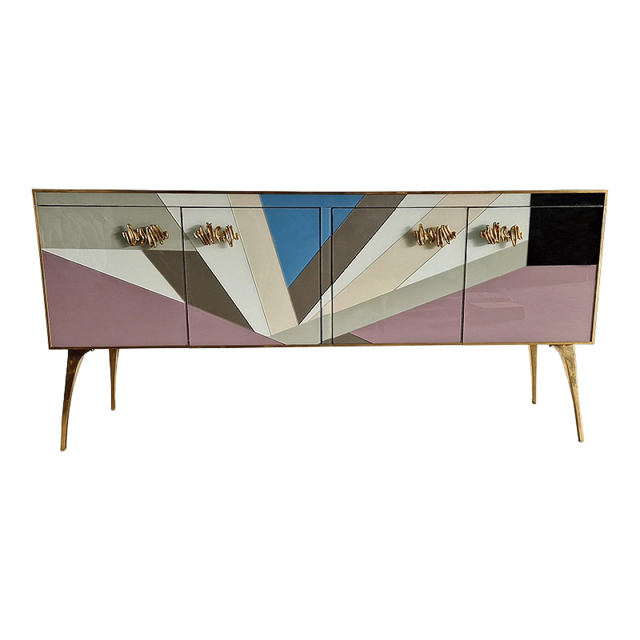 Wooden sideboard with 4 multicolored glass doors, 1990s 2