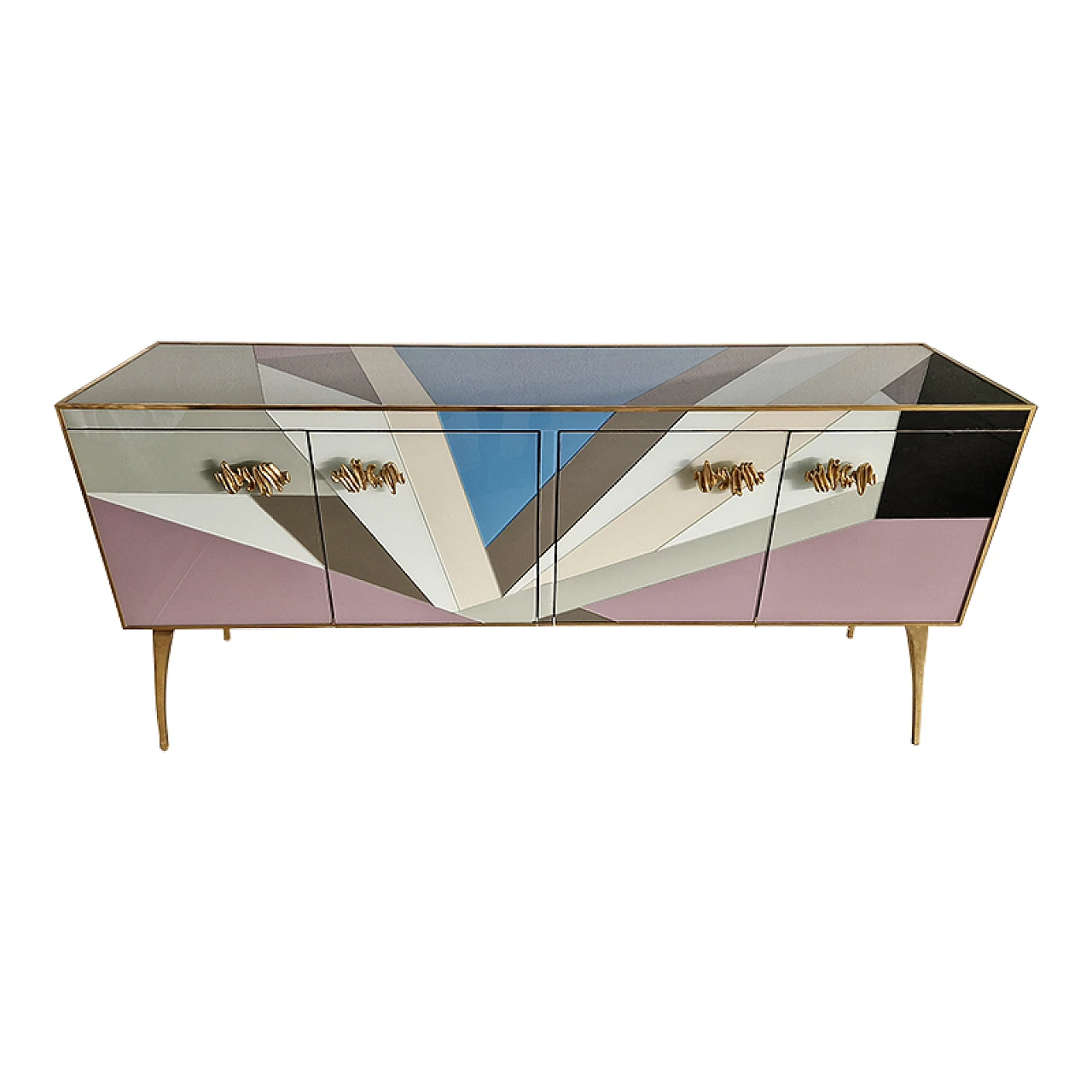 Wooden sideboard with 4 multicolored glass doors, 1990s 3