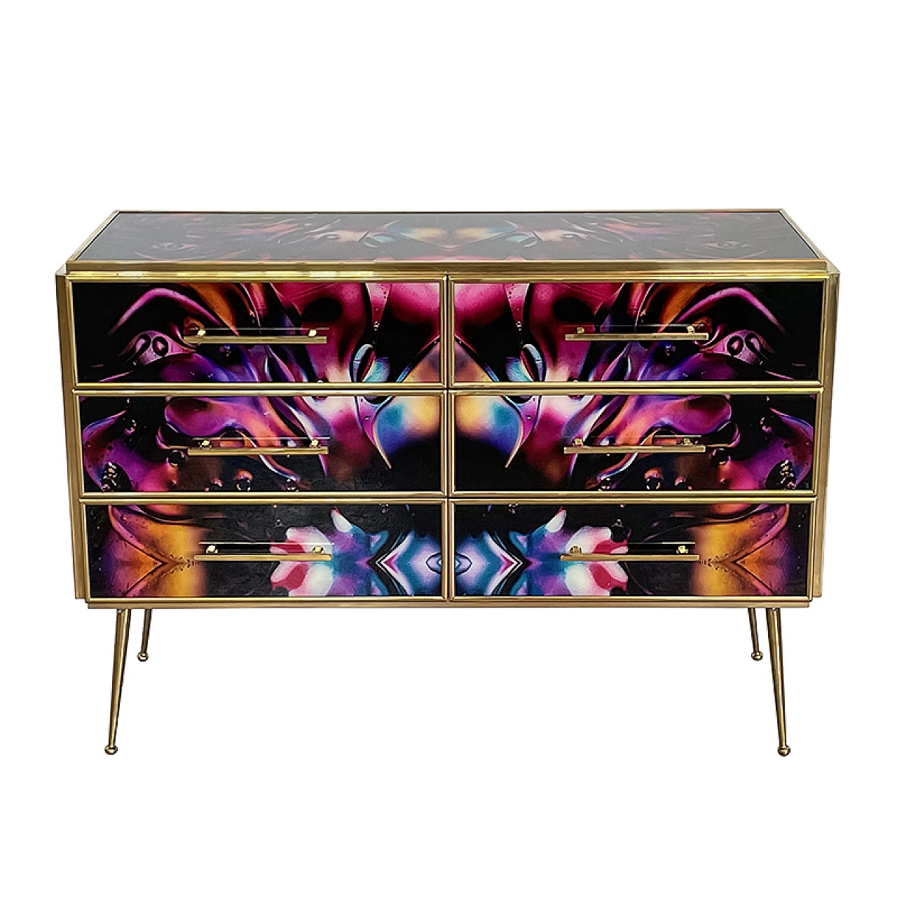 Wooden dresser with 6 drawers in multicolored Murano glass, 1980s 1