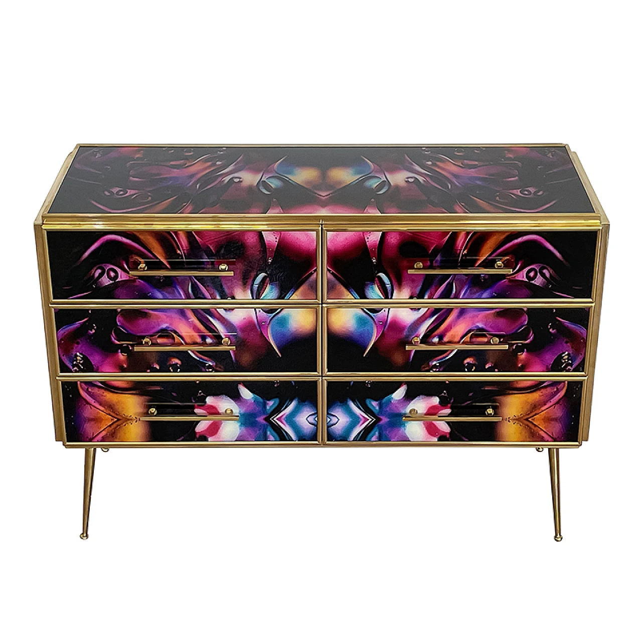 Wooden dresser with 6 drawers in multicolored Murano glass, 1980s 2